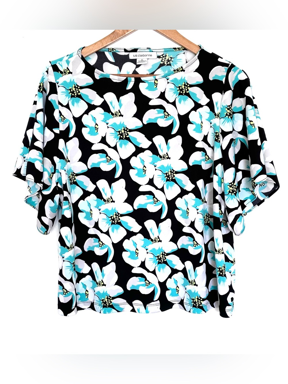 Liz Claiborne Shirt Women’s XL Black Floral Print Short Sleeve Blouse Top